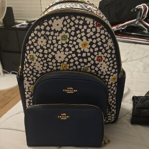 Coach Navy and Floral Mosaic Backpack with Wallet